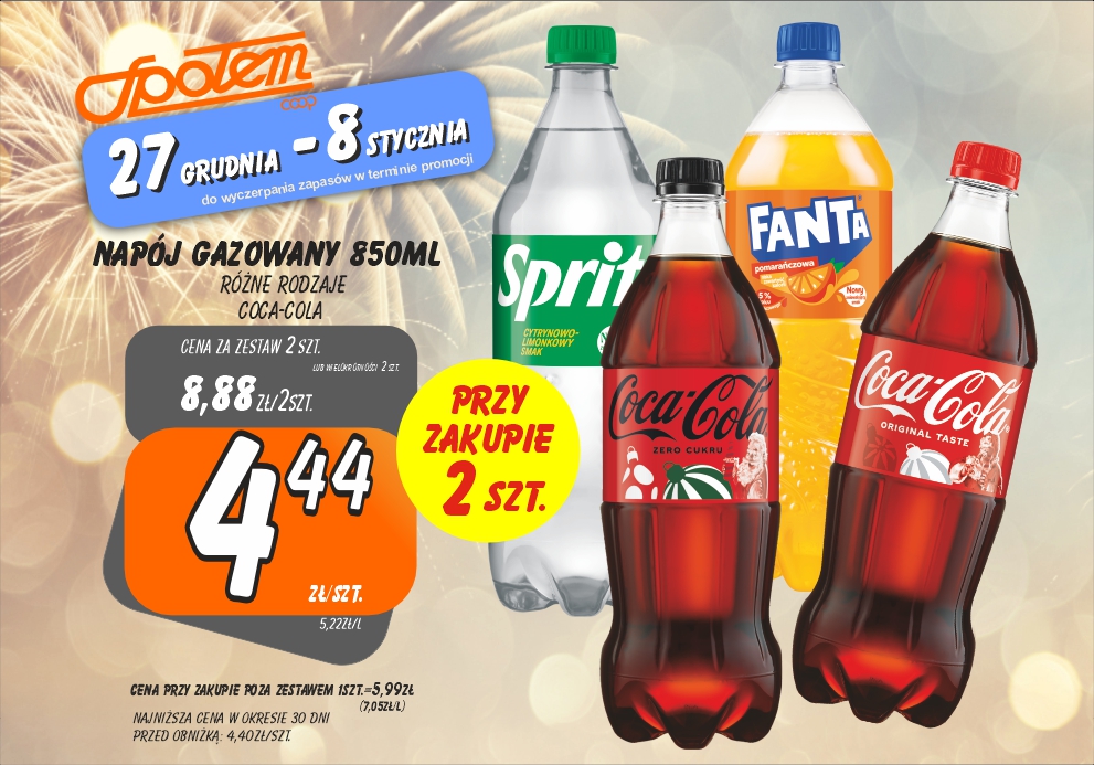 Sklepy Społem - NAPÓJ GAZOWANY 850ML RÓŻNE RODZAJE 4.44ZŁ/SZT PRZY ZAK. 2SZT