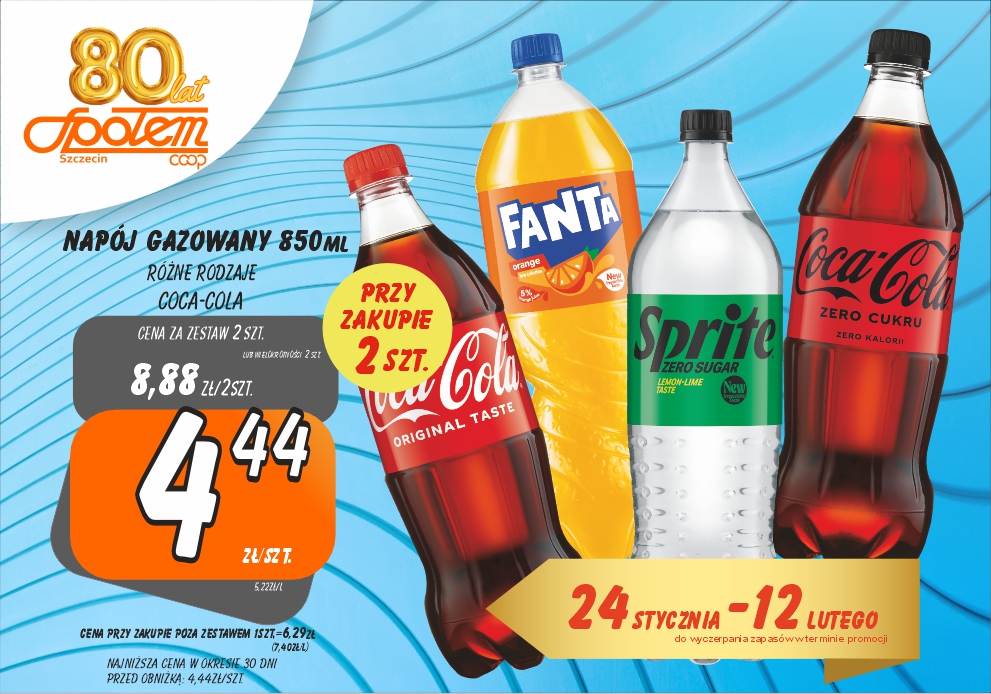 Sklepy Społem - NAPÓJ GAZOWANY 850ML RÓŻNE RODZAJE 4.44ZŁ/SZT PRZY ZAK.2 SZT